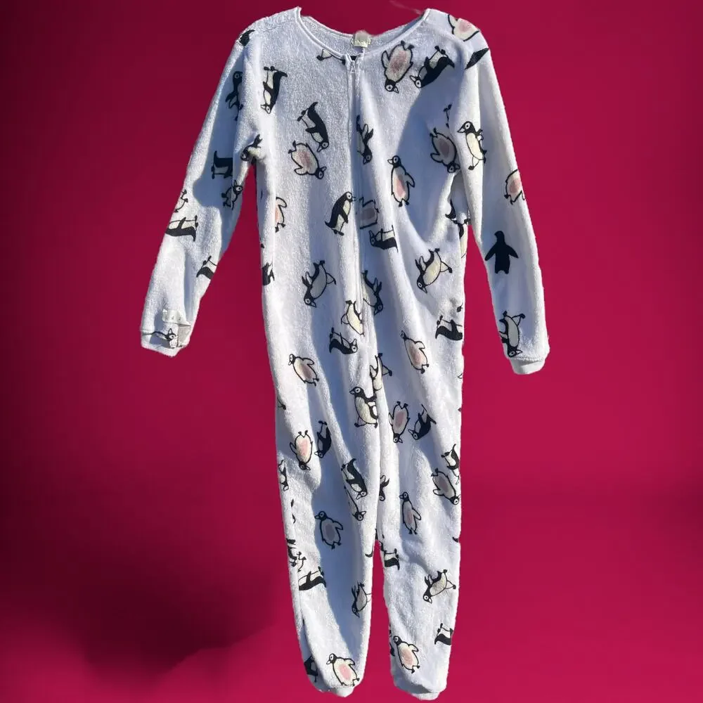 Wet Seal Adult Onesie Pajamas Medium Open Foot Faux Fur Lines Zip Up Penguin